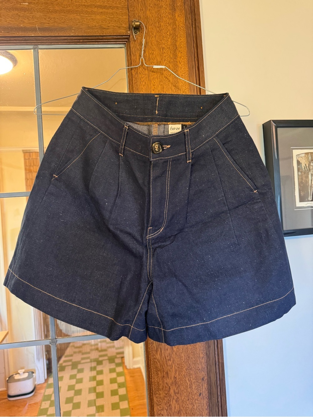Gamine workwear High-Waist Dark Indigo Denim Pleated Women's Shorts